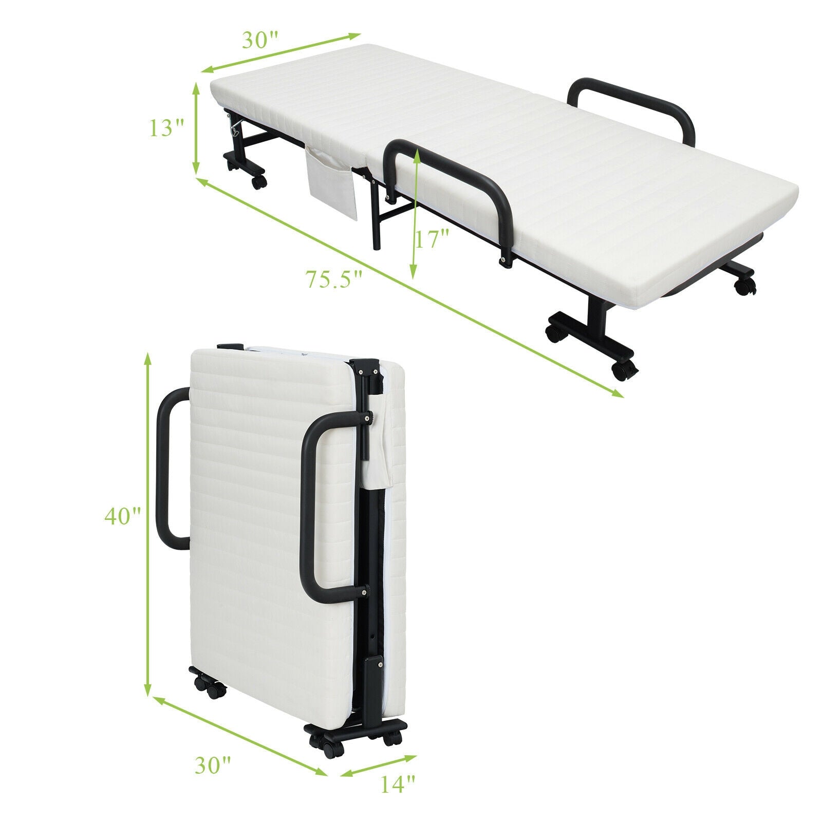 Folding Adjustable Guest Single Bed Lounge Portable with Wheels, White Folding Beds at Gallery Canada