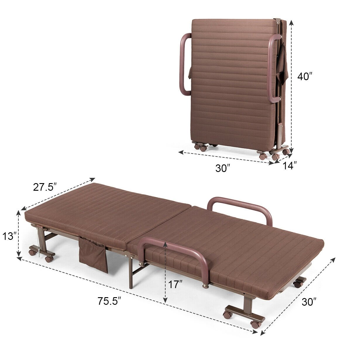 Adjustable Guest Single Bed Lounge Portable Wheels, Brown Folding Beds   at Gallery Canada