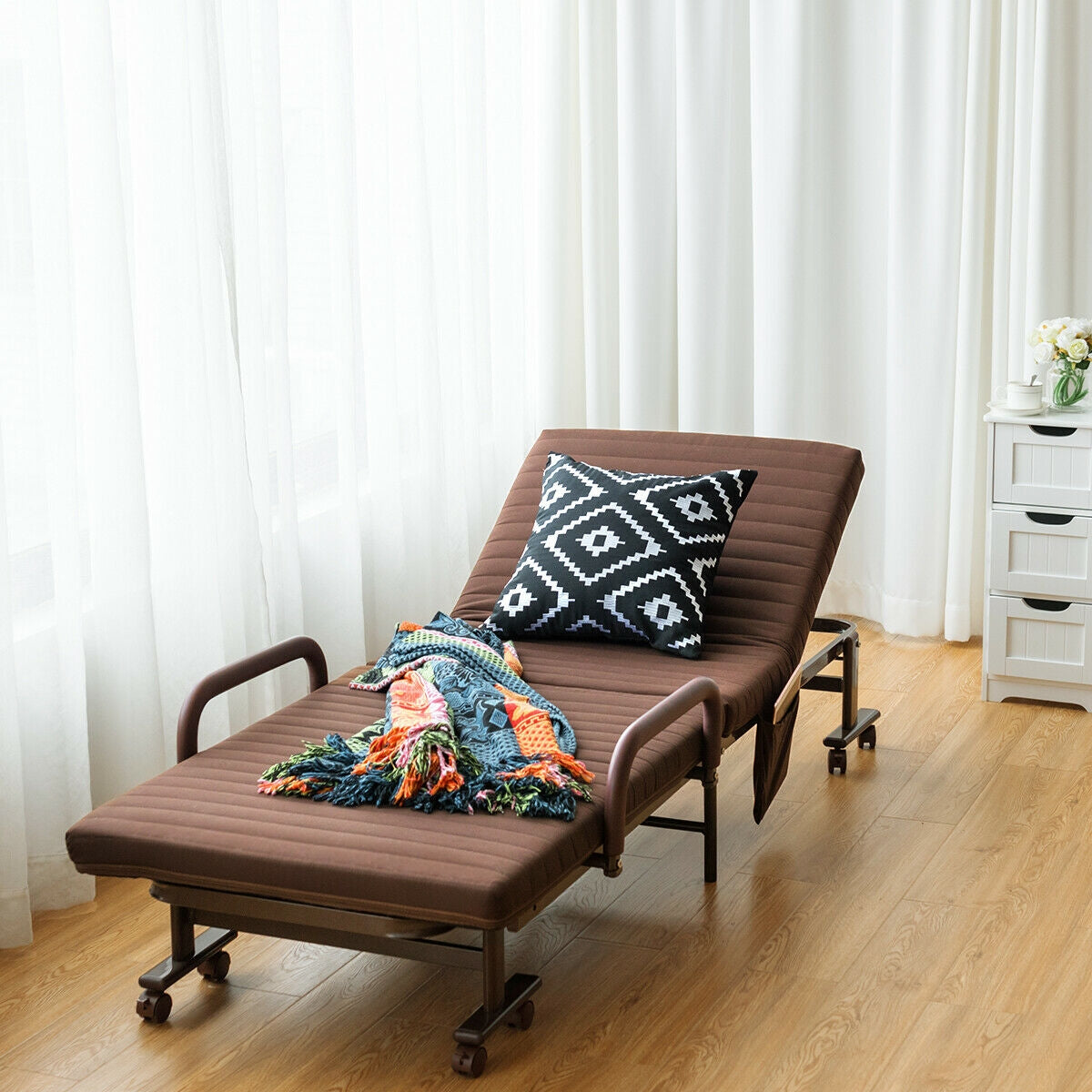Adjustable Guest Single Bed Lounge Portable Wheels, Brown Folding Beds at Gallery Canada