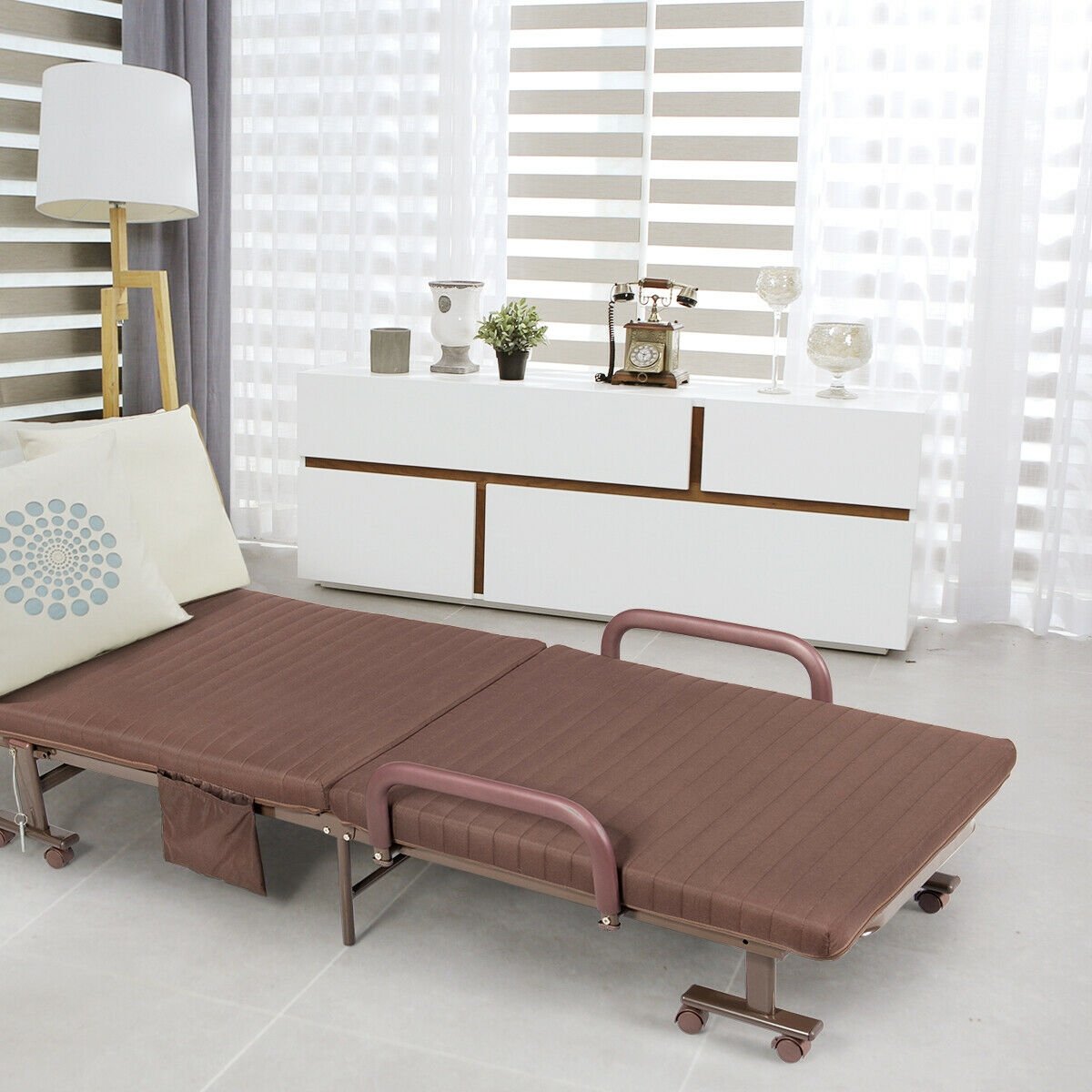 Adjustable Guest Single Bed Lounge Portable Wheels, Brown Folding Beds   at Gallery Canada