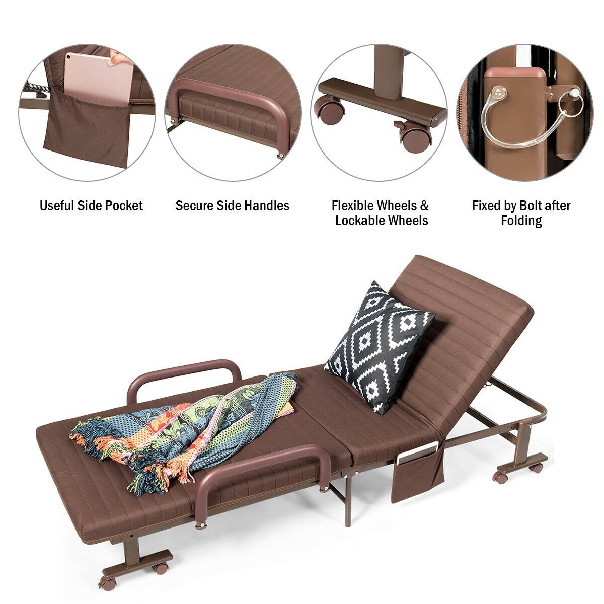 Adjustable Guest Single Bed Lounge Portable Wheels, Brown Folding Beds   at Gallery Canada