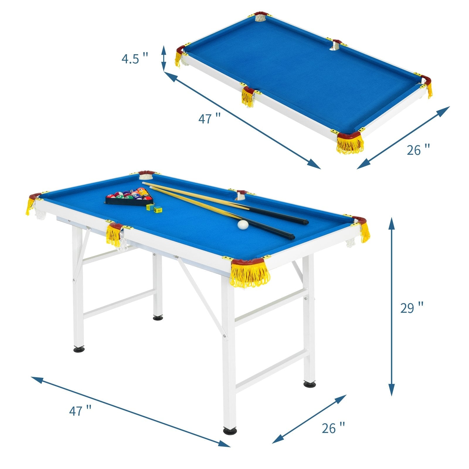 47 Inch Folding Billiard Table with Cues and Brush Chalk, Blue Game Room   at Gallery Canada