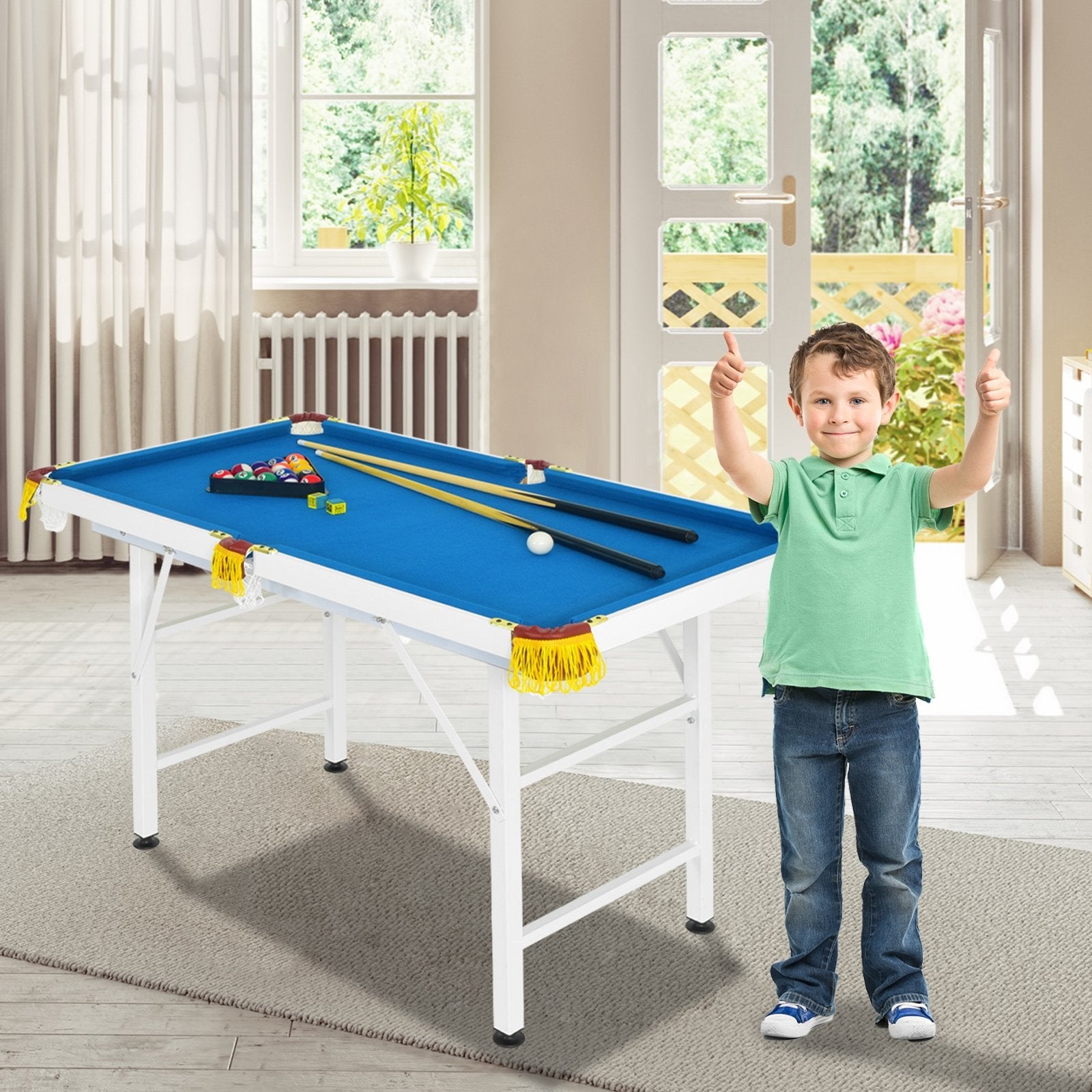 47 Inch Folding Billiard Table with Cues and Brush Chalk, Blue Game Room   at Gallery Canada