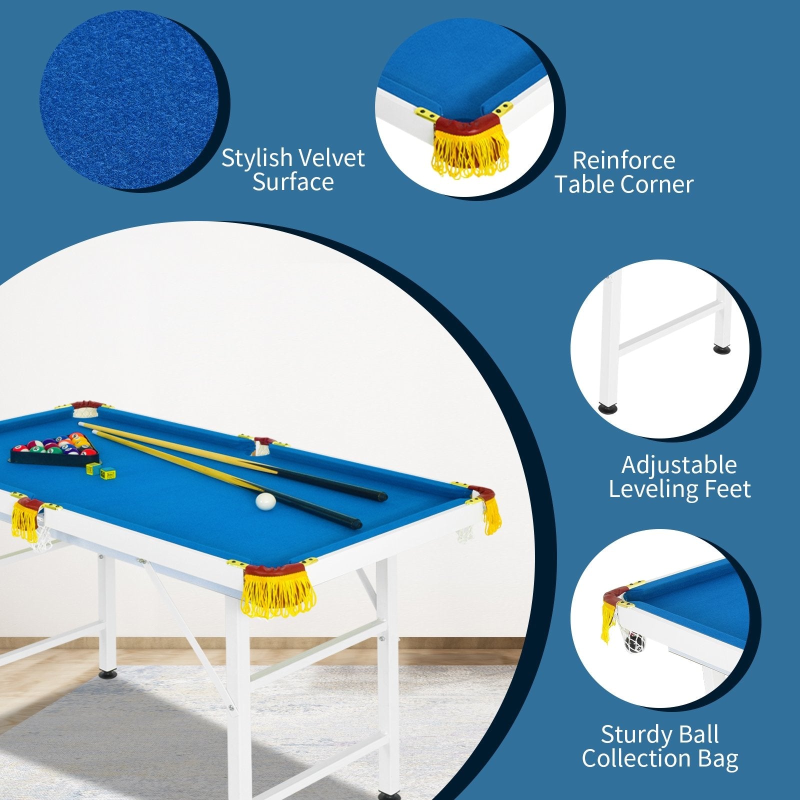 47 Inch Folding Billiard Table with Cues and Brush Chalk, Blue Game Room   at Gallery Canada