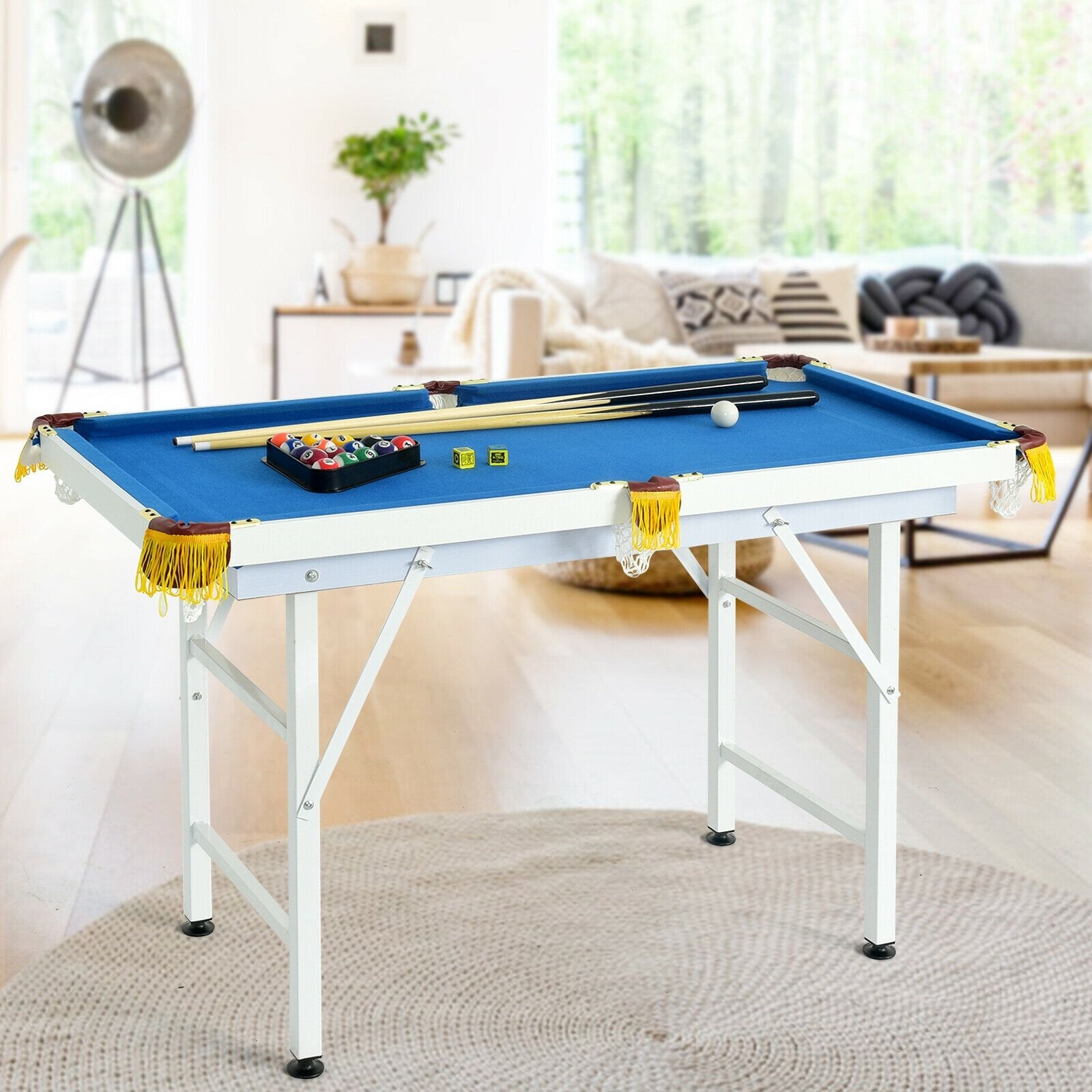 47 Inch Folding Billiard Table with Cues and Brush Chalk, Blue Game Room   at Gallery Canada