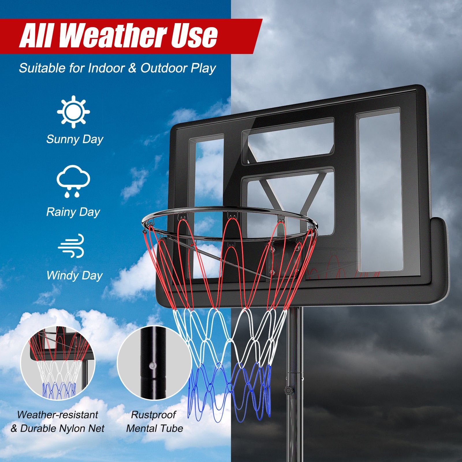 Height Adjustable Portable Shatterproof Backboard Basketball Hoop with 2 Nets, Black Sport Equipments   at Gallery Canada