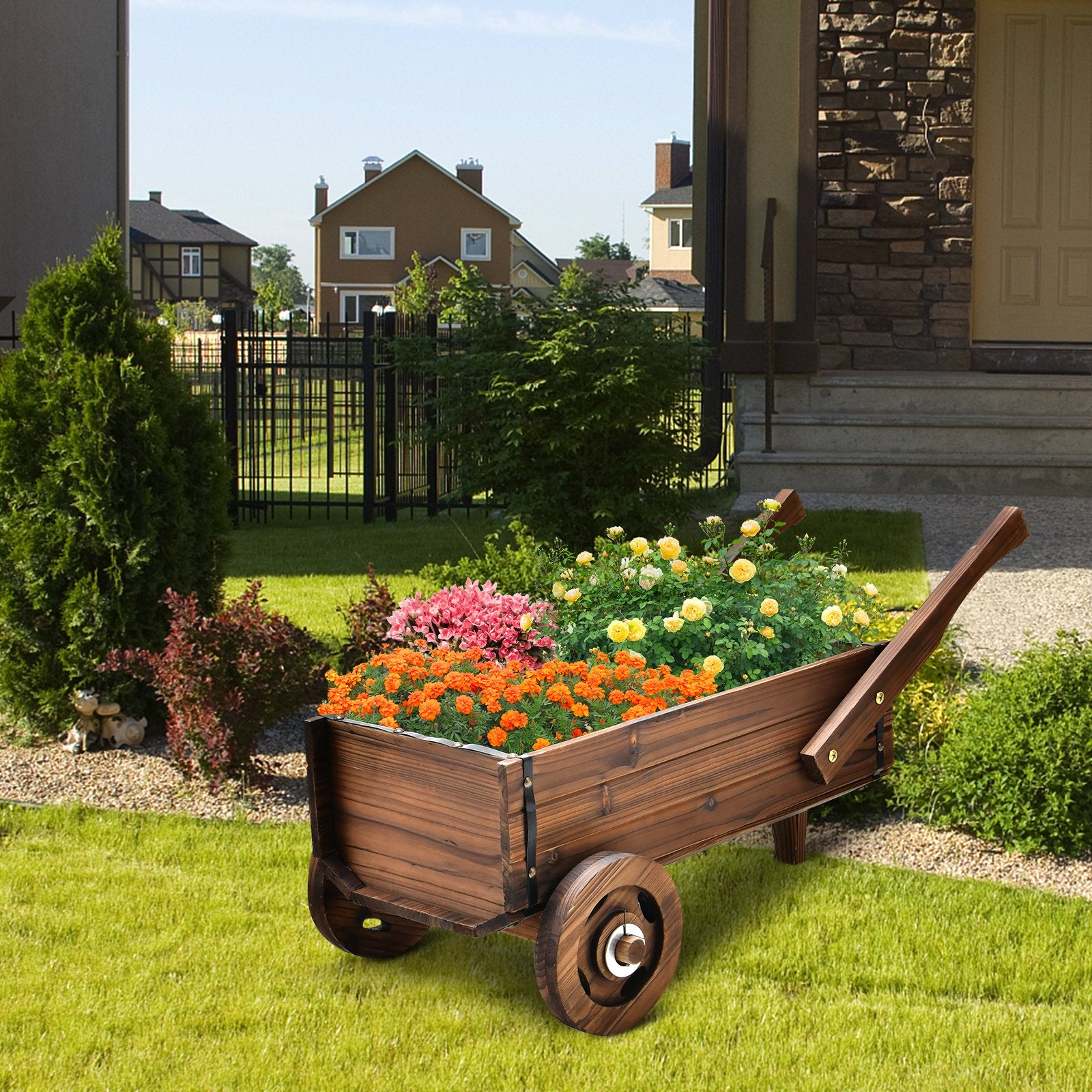 Wooden Wagon Planter Box with Wheels Handles and Drainage Hole, Rustic Brown Raised Garden Beds   at Gallery Canada