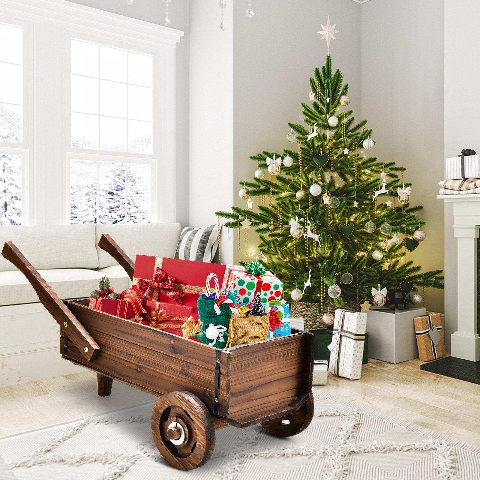 Wooden Wagon Planter Box with Wheels Handles and Drainage Hole, Rustic Brown Raised Garden Beds   at Gallery Canada