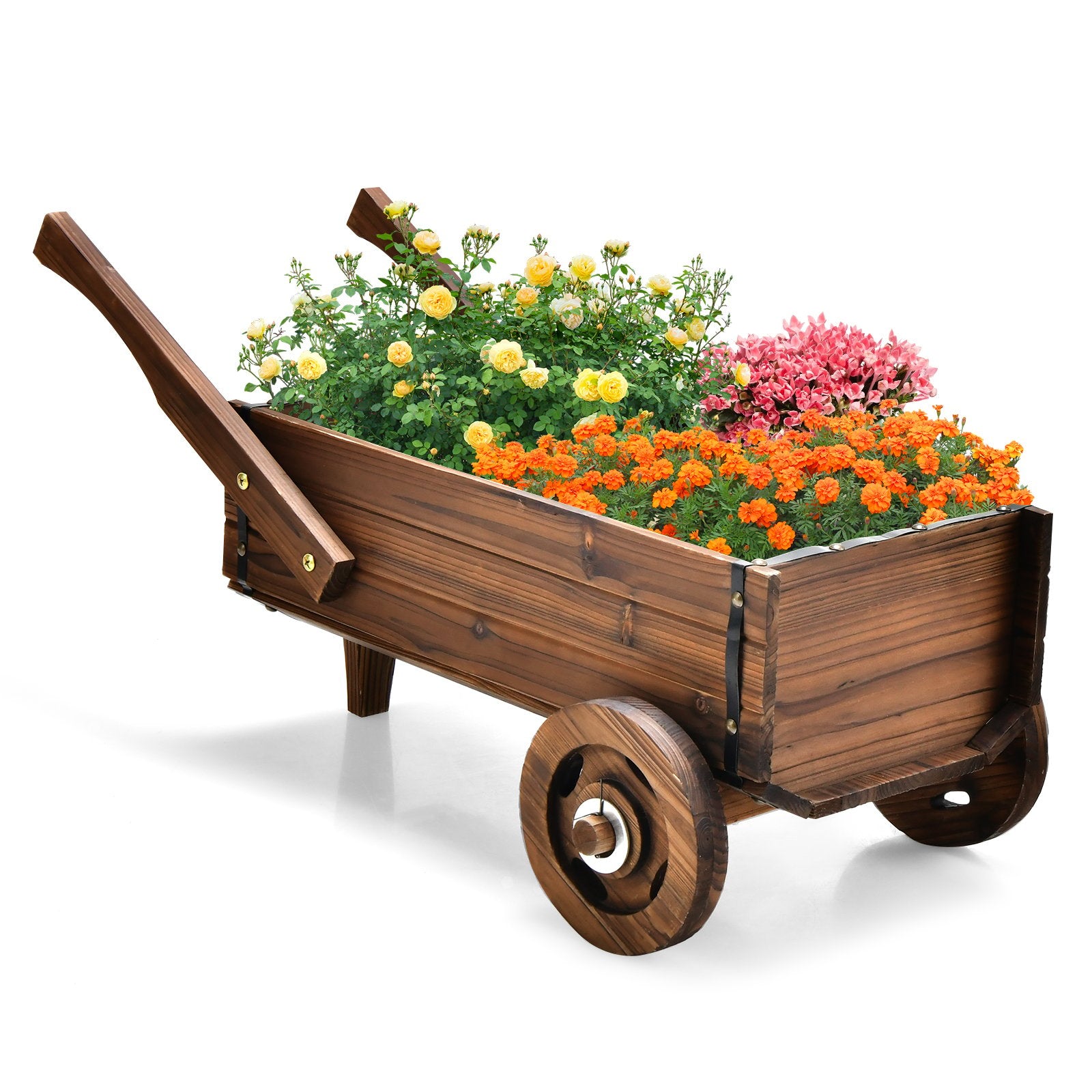 Wooden Wagon Planter Box with Wheels Handles and Drainage Hole, Rustic Brown Raised Garden Beds   at Gallery Canada