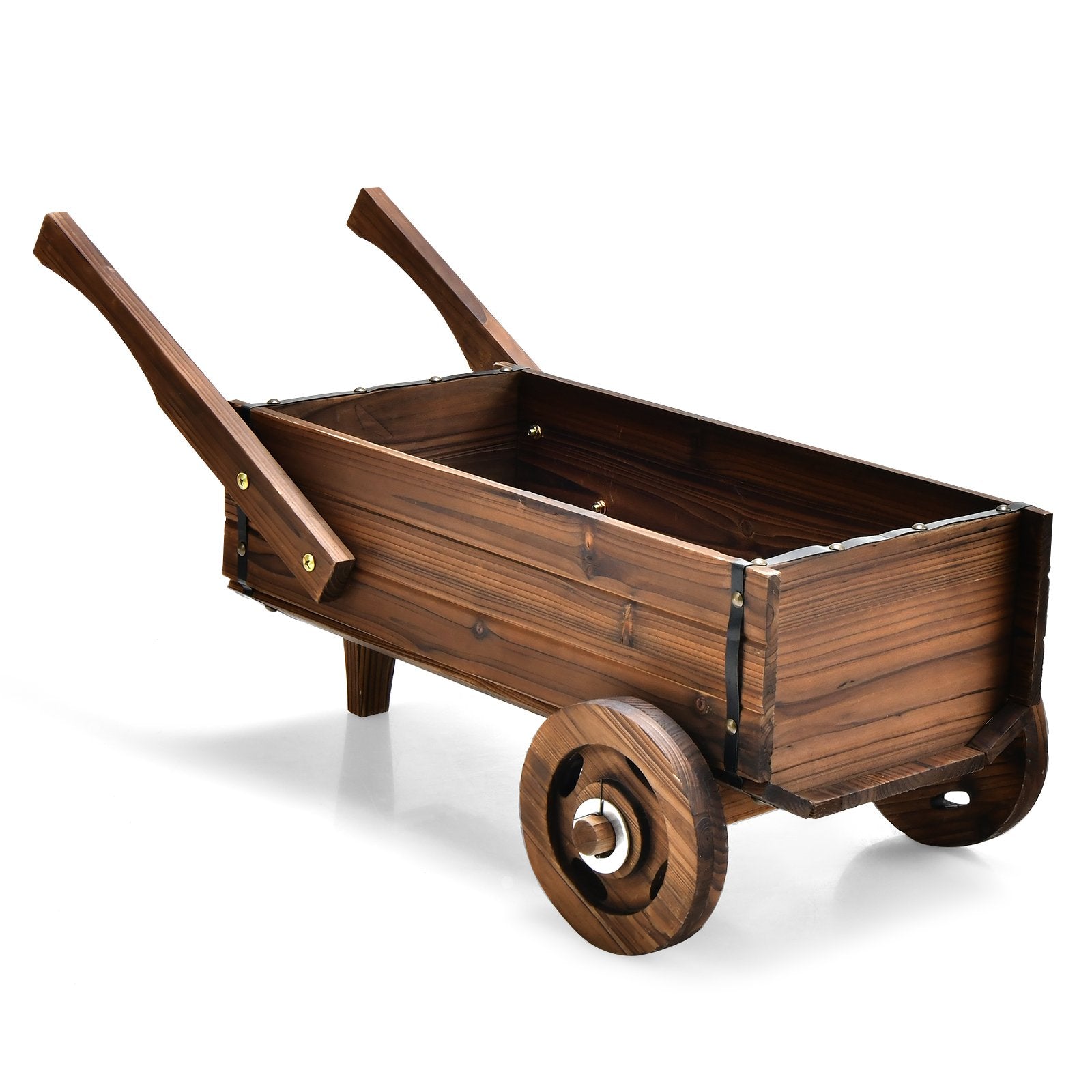 Wooden Wagon Planter Box with Wheels Handles and Drainage Hole, Rustic Brown Raised Garden Beds   at Gallery Canada