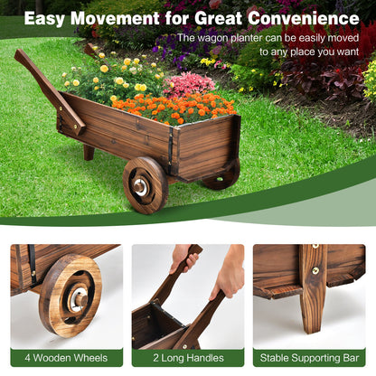 Wooden Wagon Planter Box with Wheels Handles and Drainage Hole, Rustic Brown Raised Garden Beds   at Gallery Canada