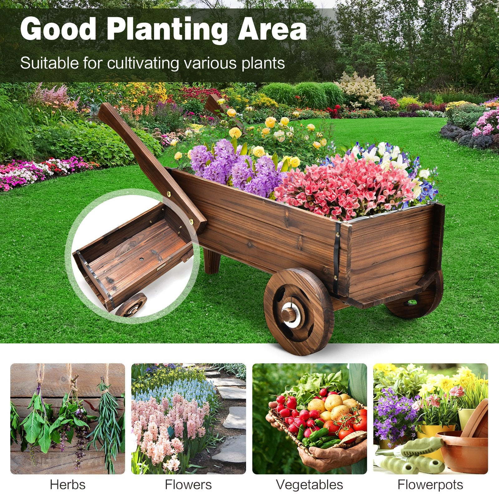 Wooden Wagon Planter Box with Wheels Handles and Drainage Hole, Rustic Brown Raised Garden Beds   at Gallery Canada