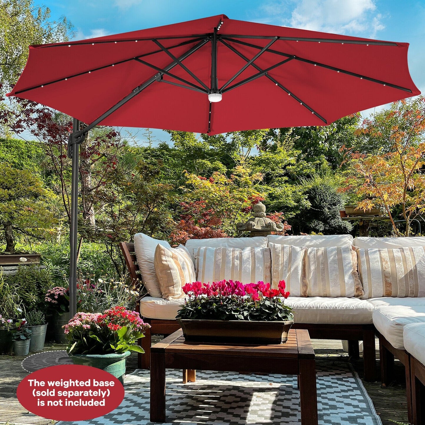 10FT Cantilever Solar Umbrella 28LED Lighted Patio Offset Tilt 360° for Outdoor, Red - Gallery Canada