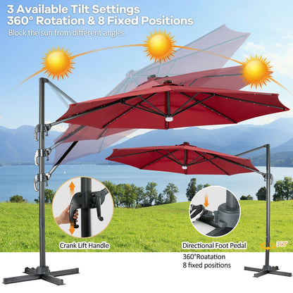 10FT Cantilever Solar Umbrella 28LED Lighted Patio Offset Tilt 360° for Outdoor, Red - Gallery Canada