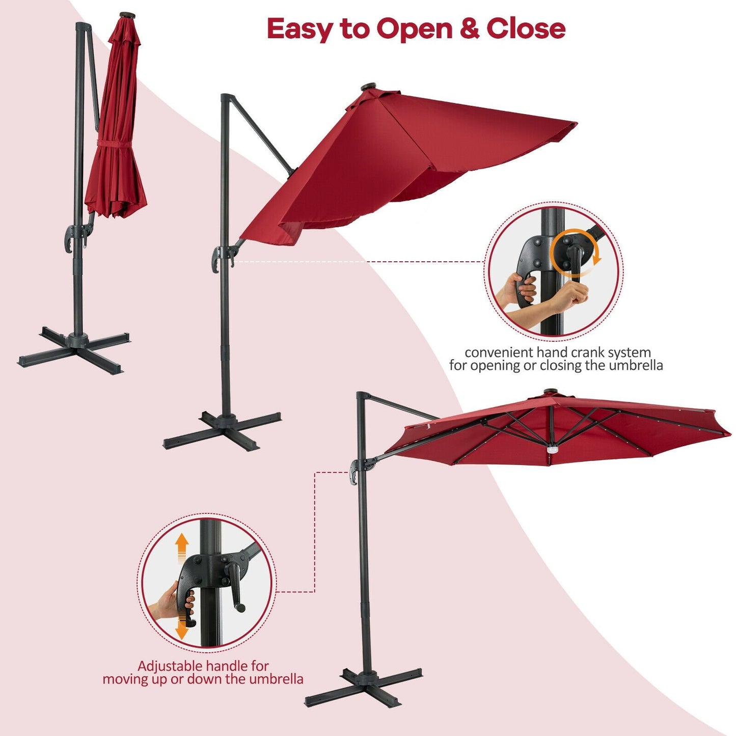 10FT Cantilever Solar Umbrella 28LED Lighted Patio Offset Tilt 360° for Outdoor, Red - Gallery Canada