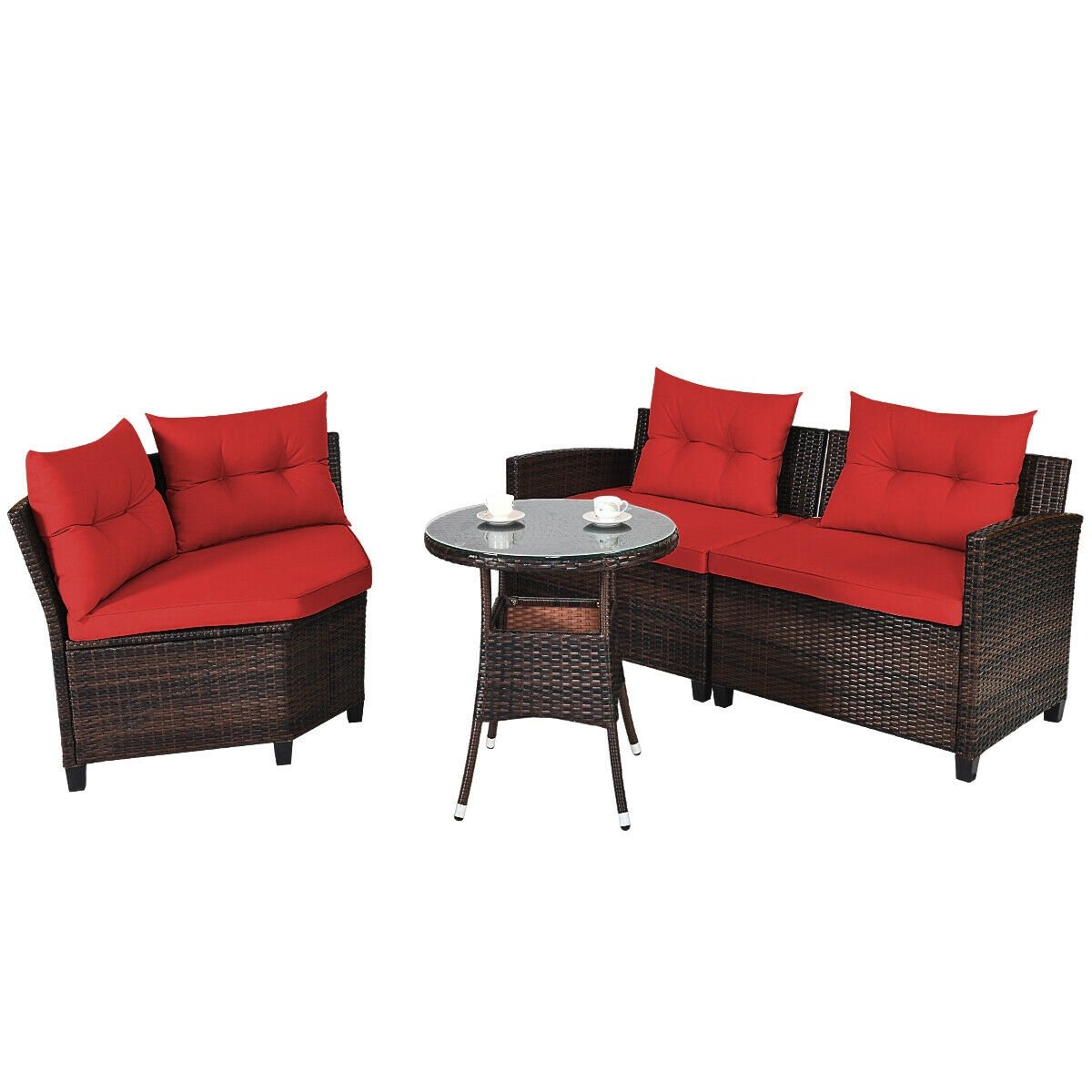 4 Pieces Outdoor Cushioned Rattan Furniture Set, Red Outdoor Sectionals   at Gallery Canada