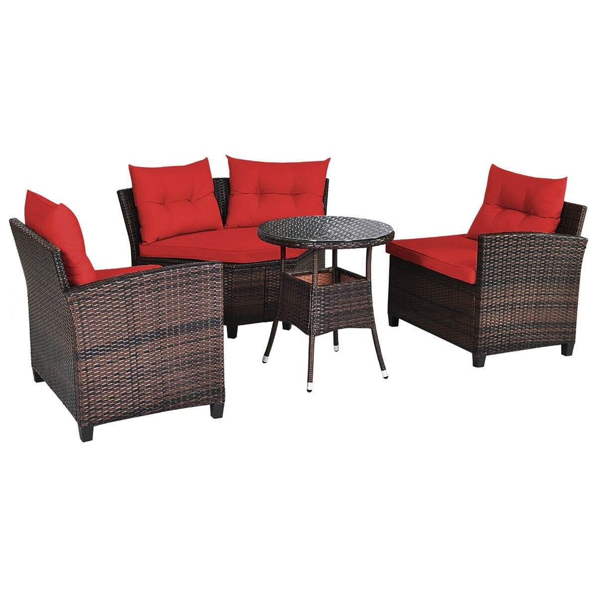 4 Pieces Outdoor Cushioned Rattan Furniture Set, Red - Gallery Canada