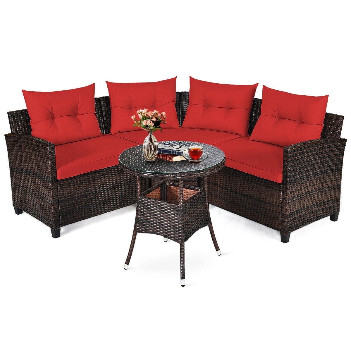 4 Pieces Outdoor Cushioned Rattan Furniture Set, Red Outdoor Sectionals   at Gallery Canada