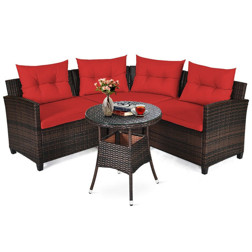 4 Pieces Outdoor Cushioned Rattan Furniture Set, Red