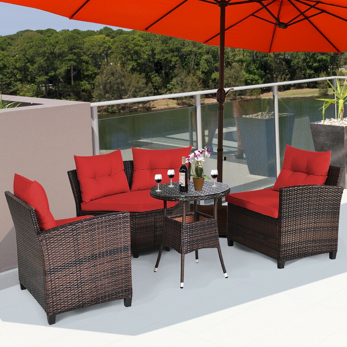 4 Pieces Outdoor Cushioned Rattan Furniture Set, Red - Gallery Canada