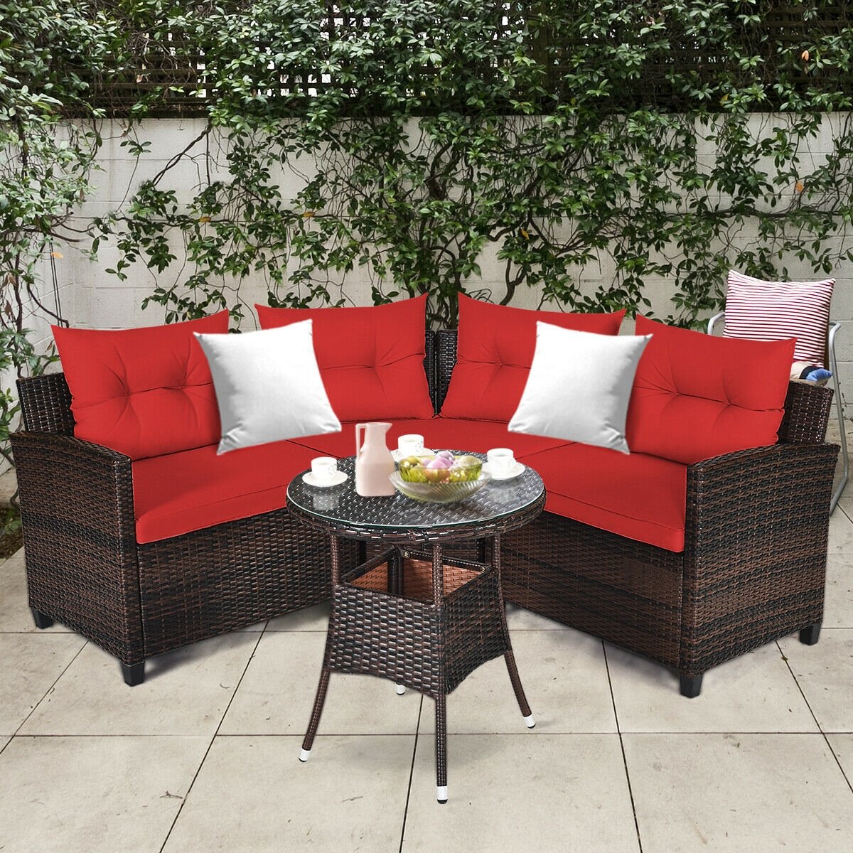 4 Pieces Outdoor Cushioned Rattan Furniture Set, Red Outdoor Sectionals   at Gallery Canada