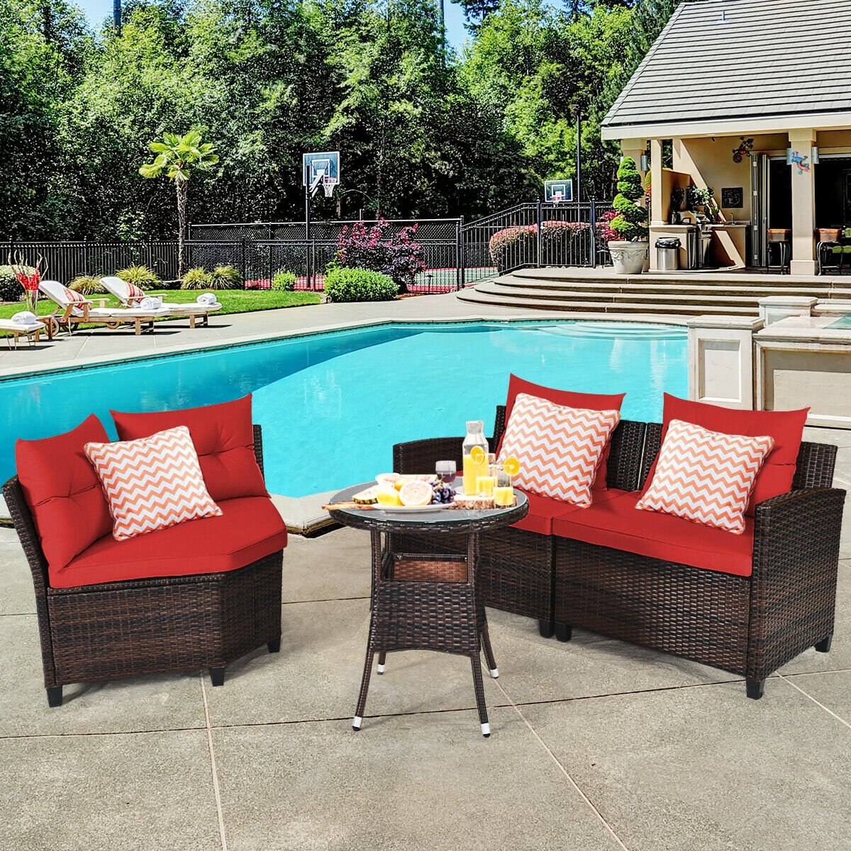 4 Pieces Outdoor Cushioned Rattan Furniture Set, Red - Gallery Canada