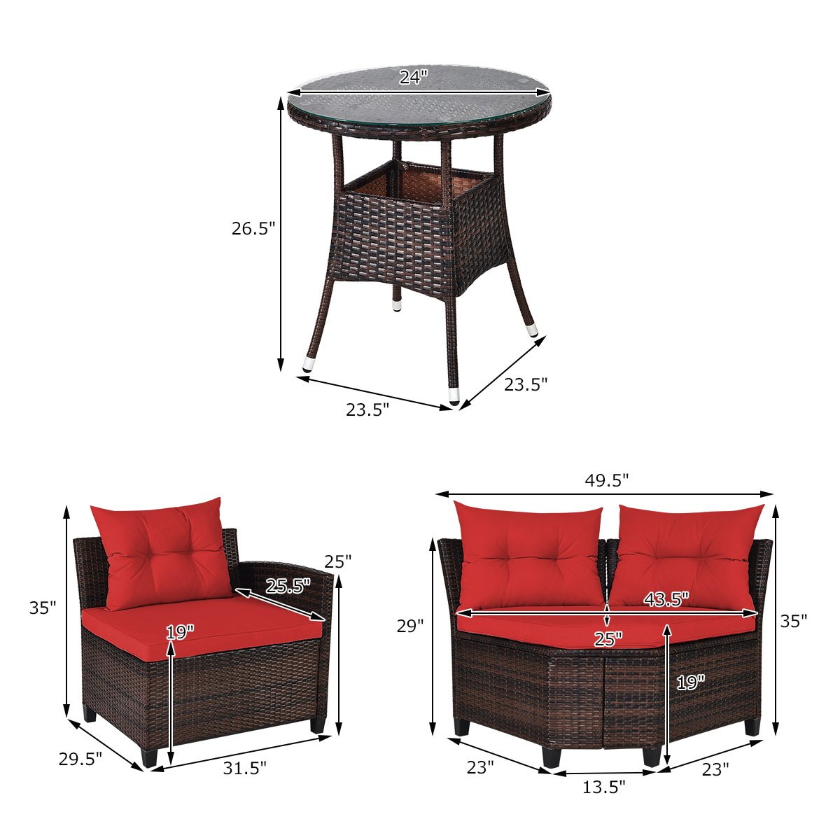 4 Pieces Outdoor Cushioned Rattan Furniture Set, Red Outdoor Sectionals   at Gallery Canada