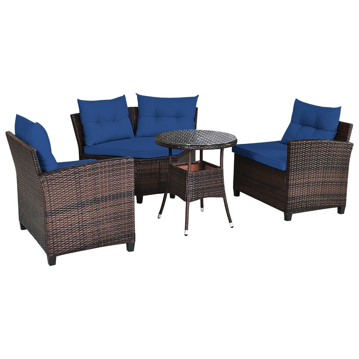 4 Pieces Outdoor Cushioned Rattan Furniture Set, Navy Outdoor Sectionals   at Gallery Canada