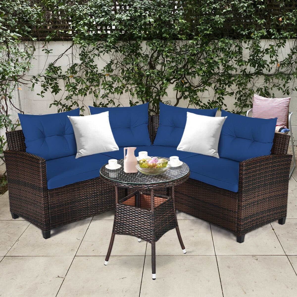 4 Pieces Outdoor Cushioned Rattan Furniture Set, Navy Outdoor Sectionals   at Gallery Canada