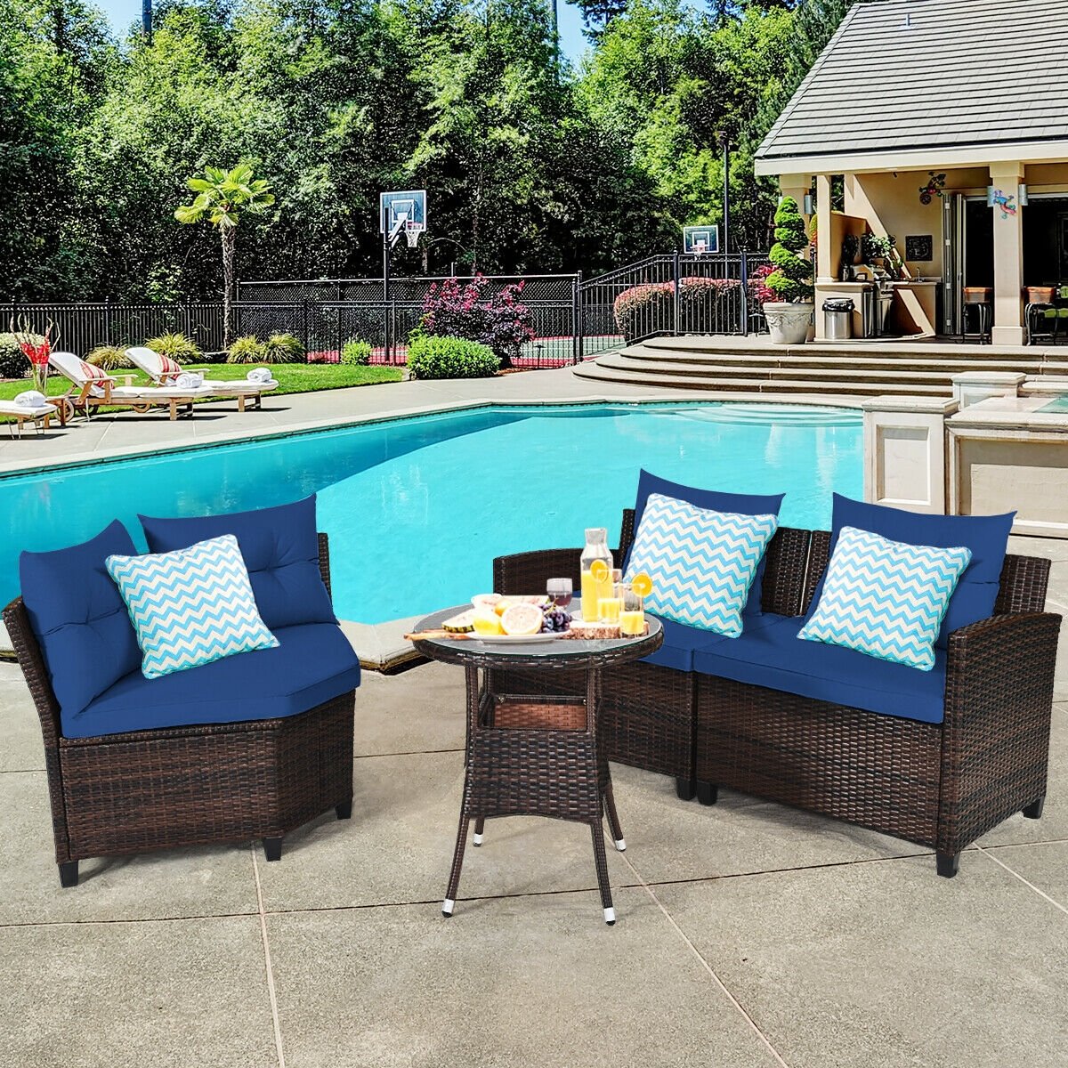 4 Pieces Outdoor Cushioned Rattan Furniture Set, Navy Outdoor Sectionals   at Gallery Canada