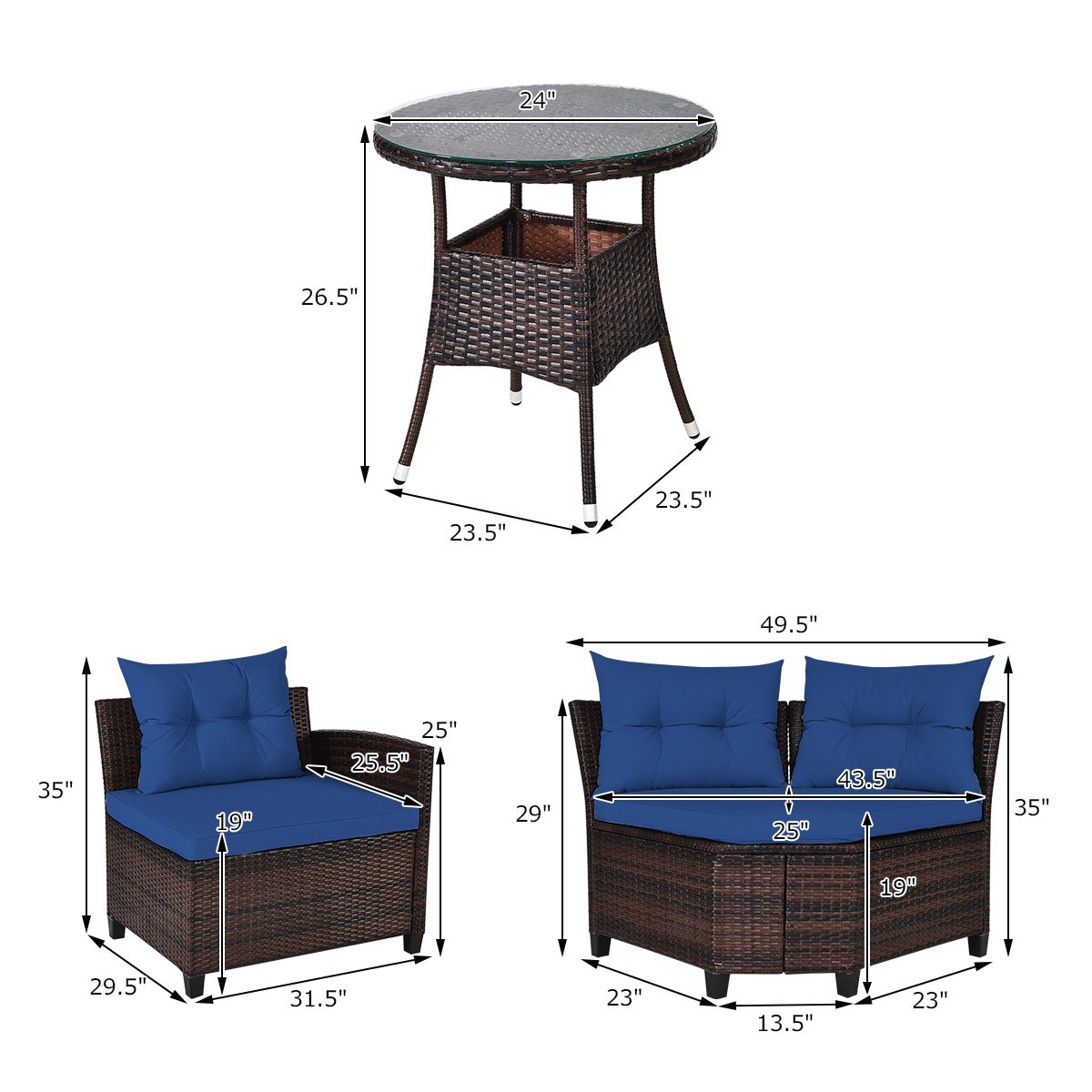 4 Pieces Outdoor Cushioned Rattan Furniture Set, Navy Outdoor Sectionals   at Gallery Canada