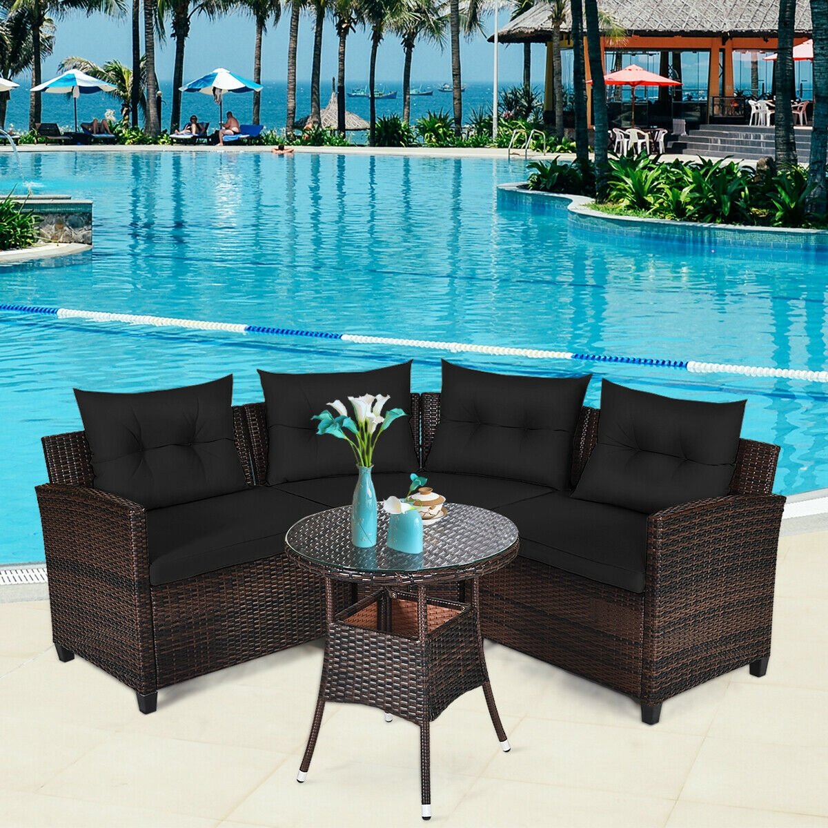 4 Pieces Outdoor Cushioned Rattan Furniture Set, Black Outdoor Sectionals   at Gallery Canada