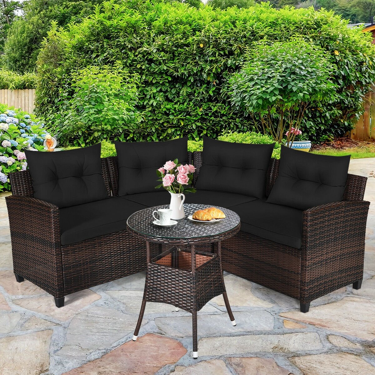 4 Pieces Outdoor Cushioned Rattan Furniture Set, Black Outdoor Sectionals   at Gallery Canada