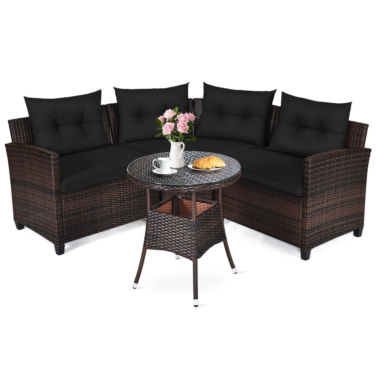 4 Pieces Outdoor Cushioned Rattan Furniture Set, Black Outdoor Sectionals   at Gallery Canada