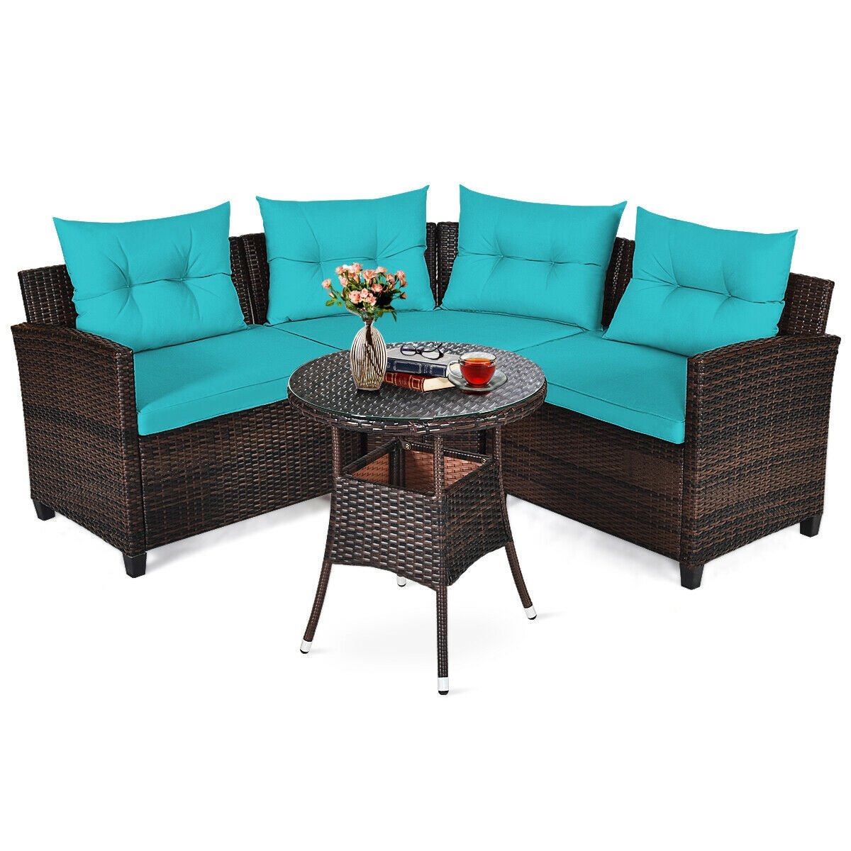 4Pcs Outdoor Cushioned Rattan Furniture Set, Turquoise Outdoor Sectionals   at Gallery Canada