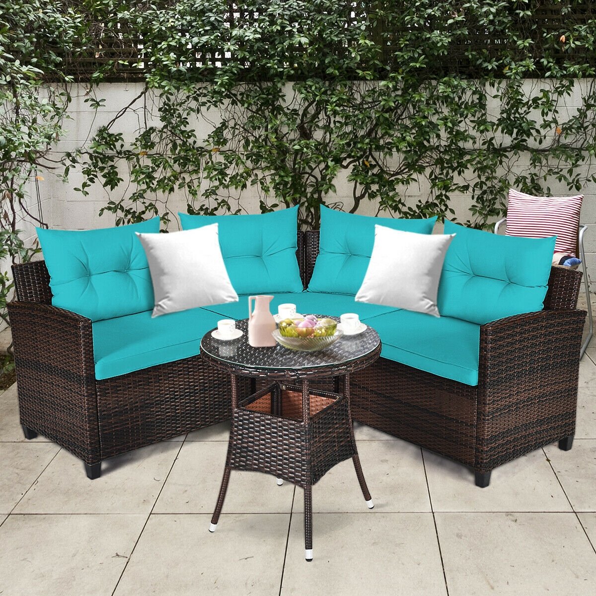 4Pcs Outdoor Cushioned Rattan Furniture Set, Turquoise Outdoor Sectionals   at Gallery Canada