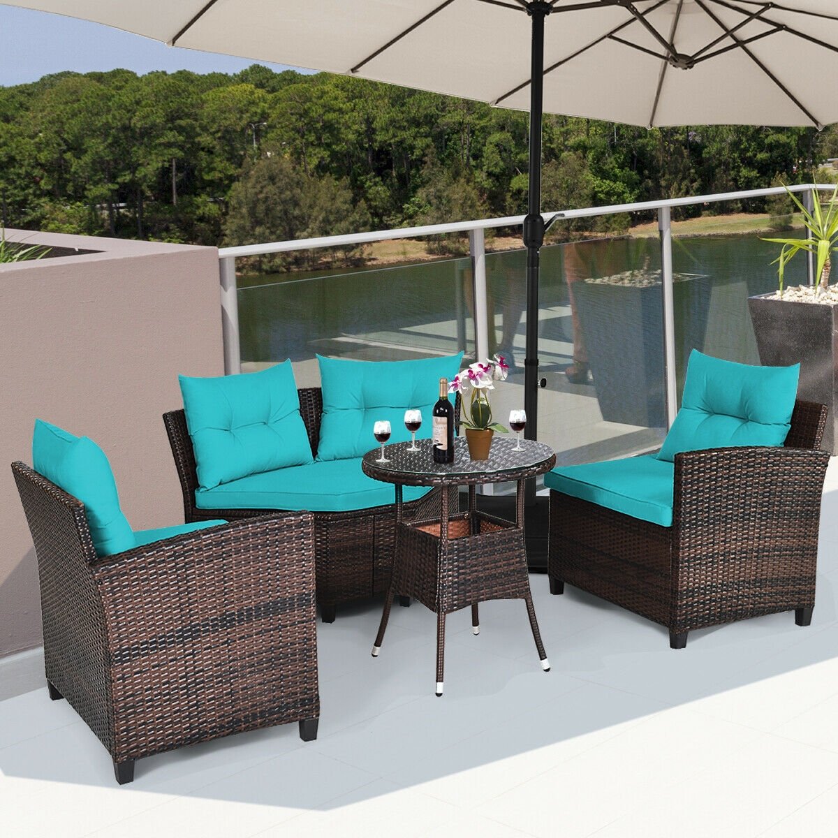 4Pcs Outdoor Cushioned Rattan Furniture Set, Turquoise Outdoor Sectionals   at Gallery Canada