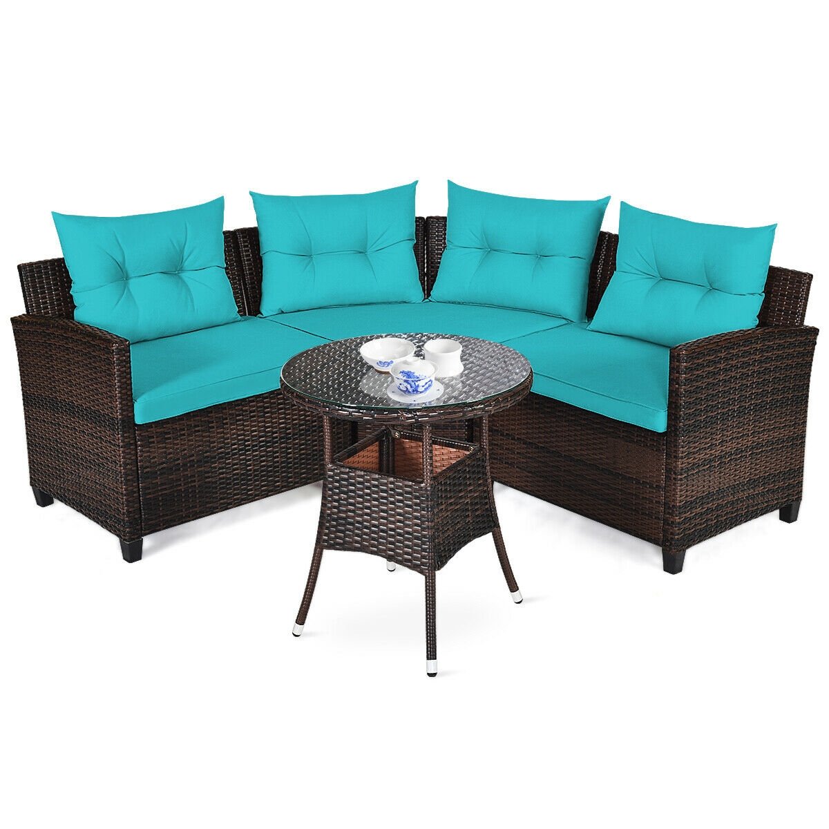 4Pcs Outdoor Cushioned Rattan Furniture Set, Turquoise Outdoor Sectionals   at Gallery Canada