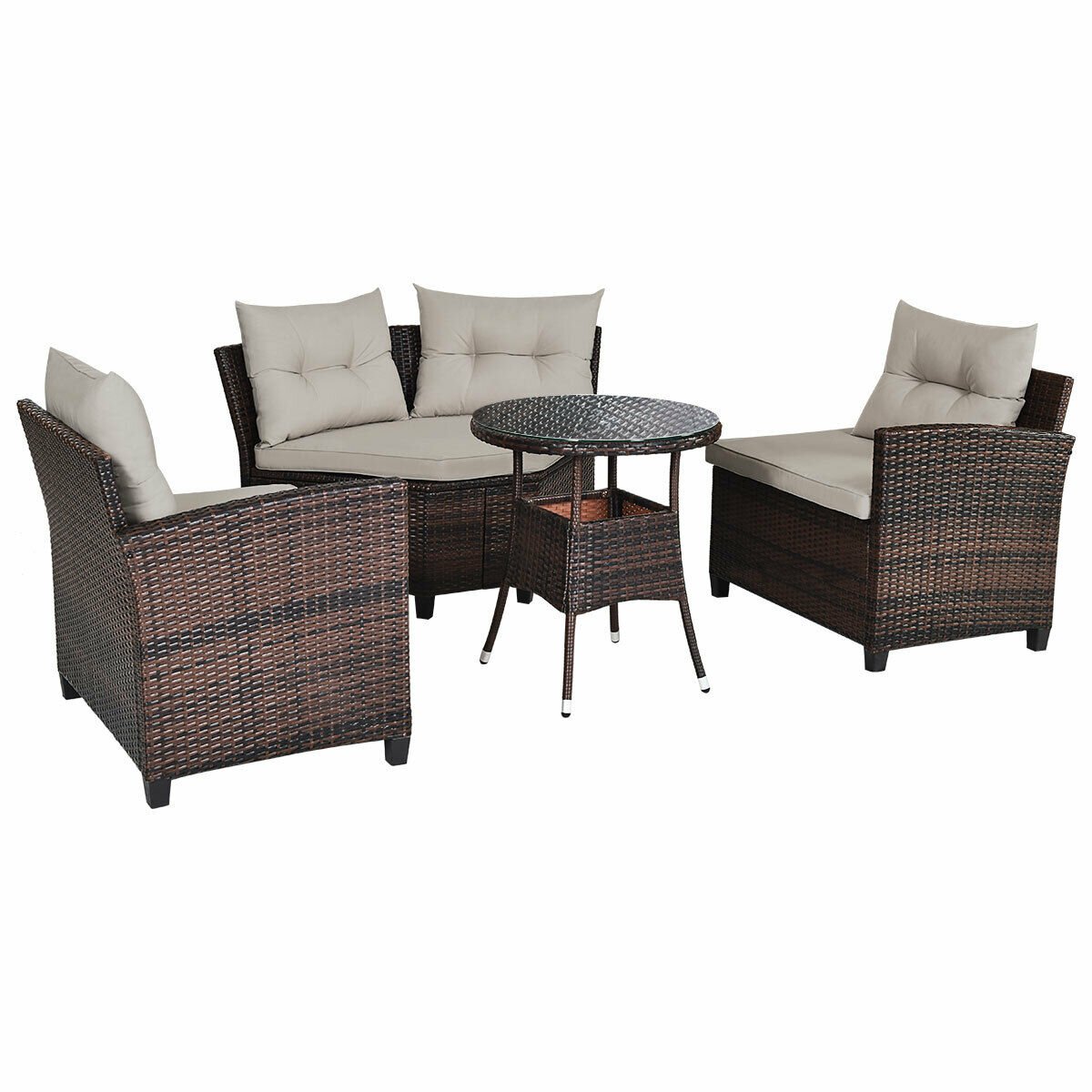 4 Pieces Outdoor Cushioned Rattan Furniture Set, Brown Outdoor Sectionals   at Gallery Canada