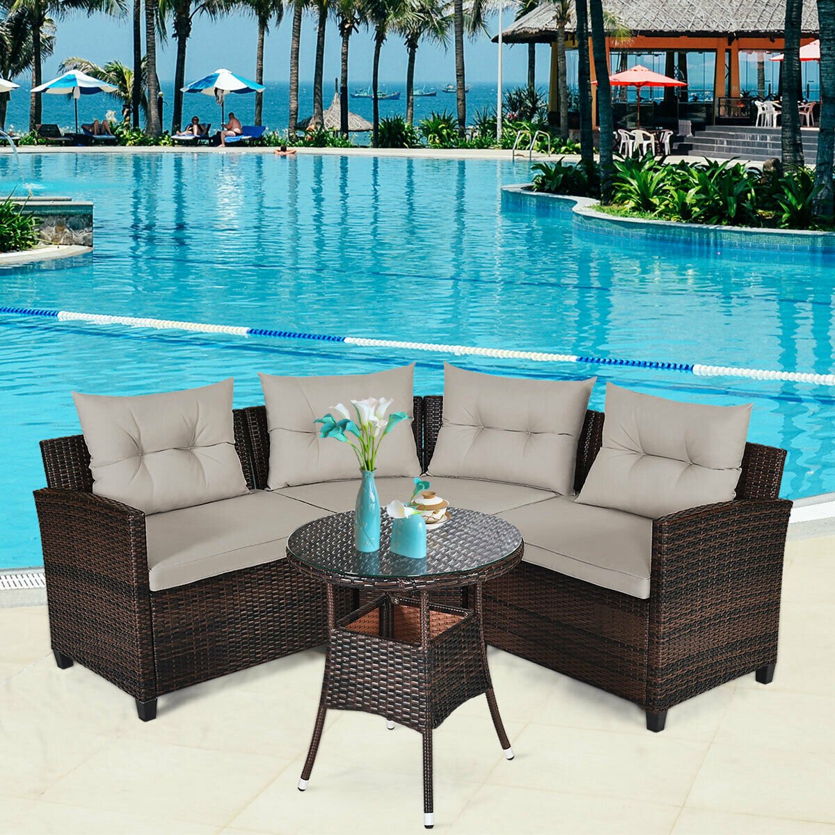 4 Pieces Outdoor Cushioned Rattan Furniture Set, Brown Outdoor Sectionals   at Gallery Canada