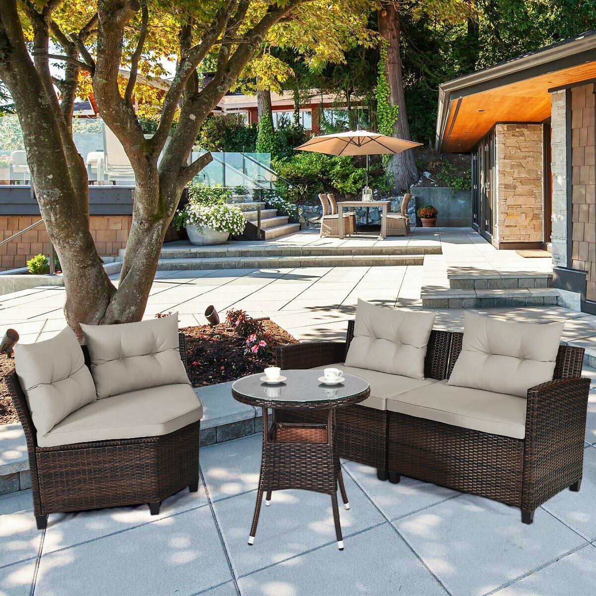 4 Pieces Outdoor Cushioned Rattan Furniture Set, Brown Outdoor Sectionals   at Gallery Canada