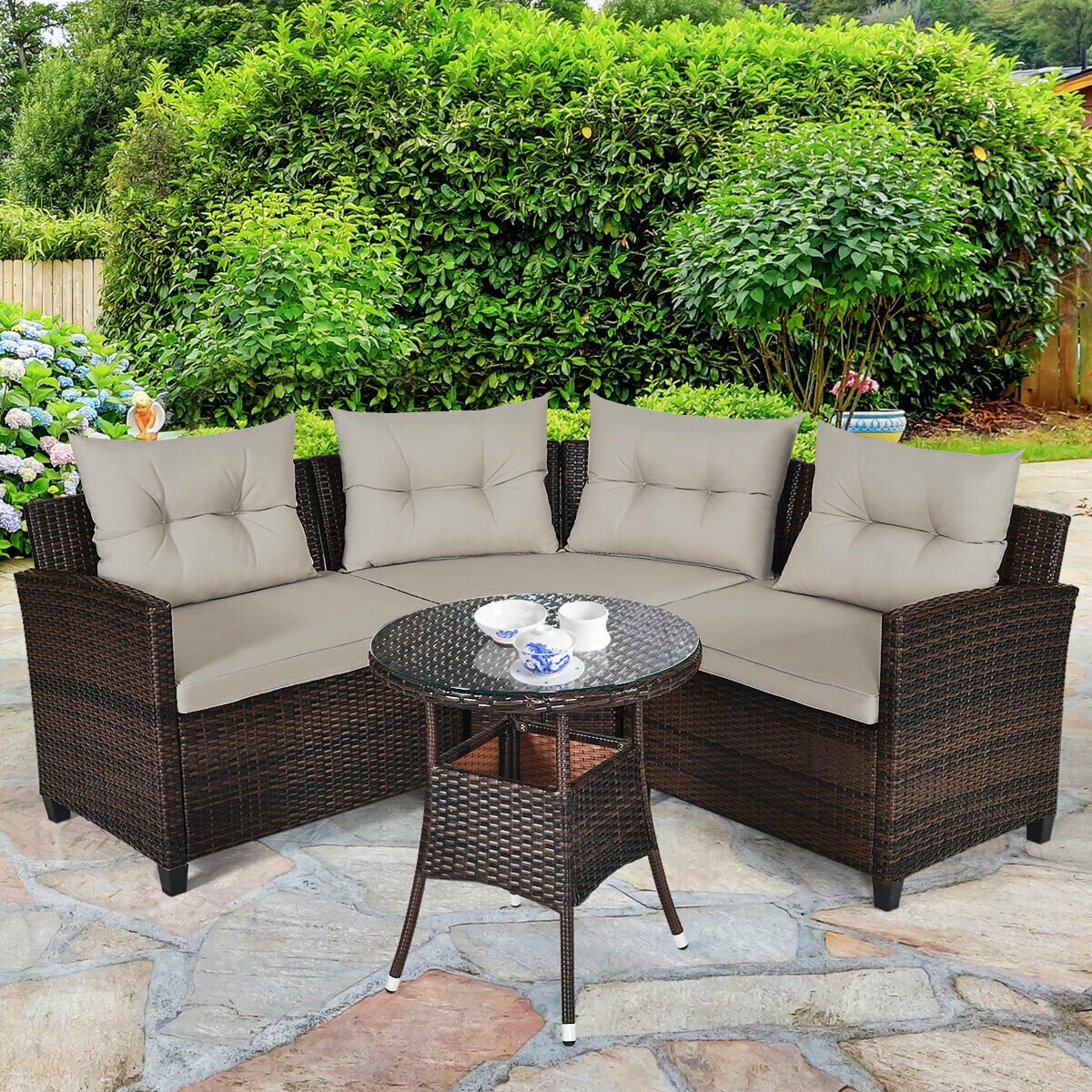 4 Pieces Outdoor Cushioned Rattan Furniture Set, Brown Outdoor Sectionals   at Gallery Canada