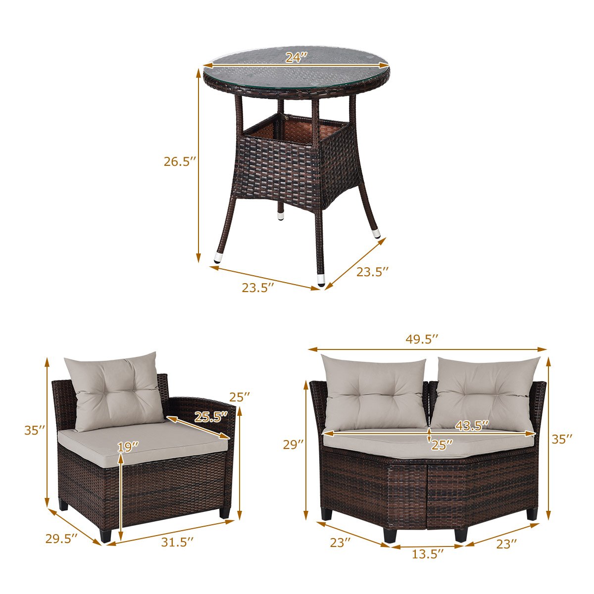 4 Pieces Outdoor Cushioned Rattan Furniture Set, Brown Outdoor Sectionals   at Gallery Canada