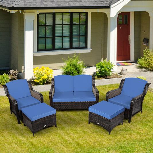 5 Pieces Patio Rattan Sofa Set with Cushion and Ottoman, Navy Outdoor Sectionals   at Gallery Canada