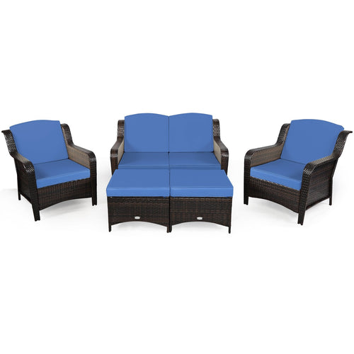 5 Pieces Patio Rattan Sofa Set with Cushion and Ottoman, Navy