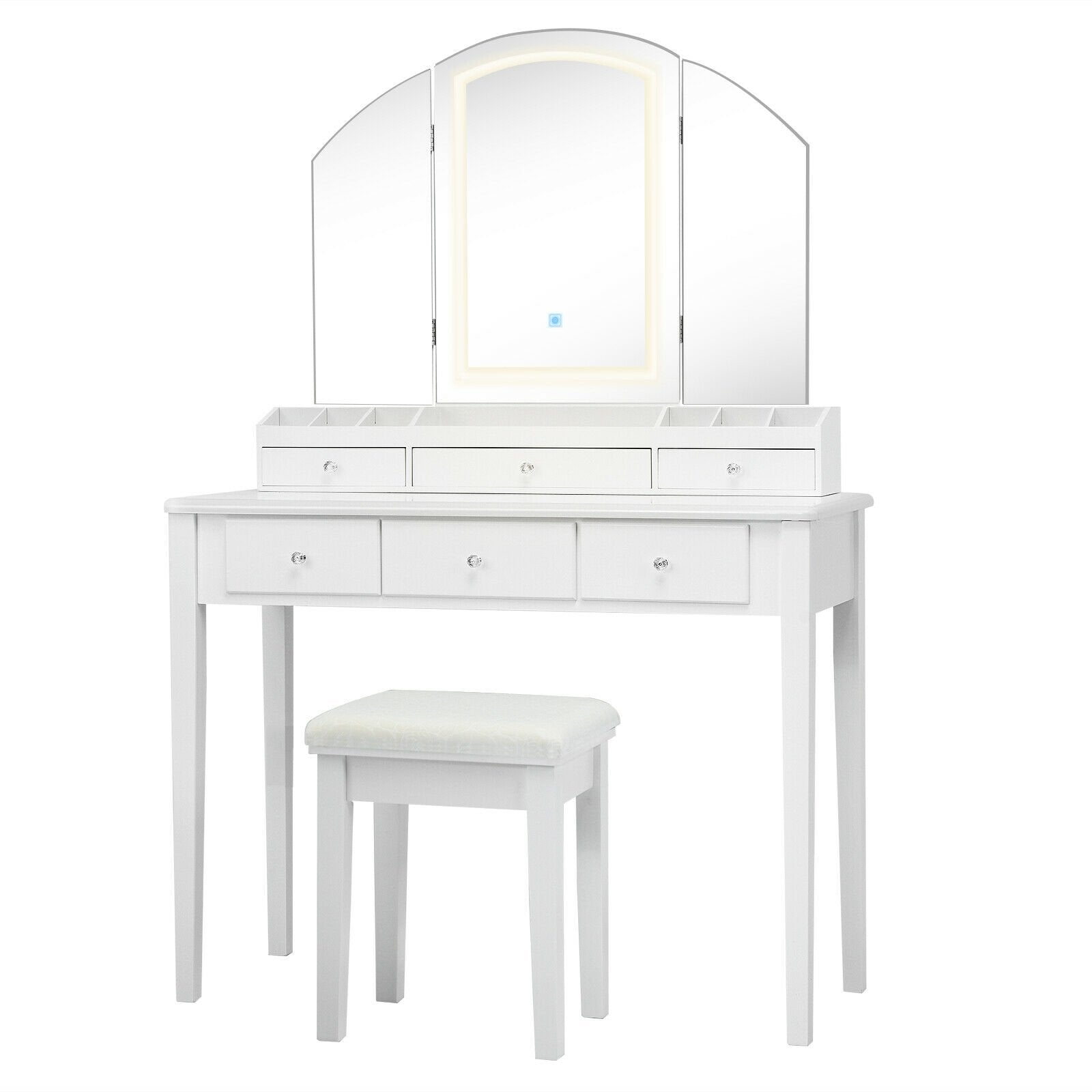 Vanity Table Stool Set with Large Tri-folding Lighted Mirror, White Makeup Vanities   at Gallery Canada