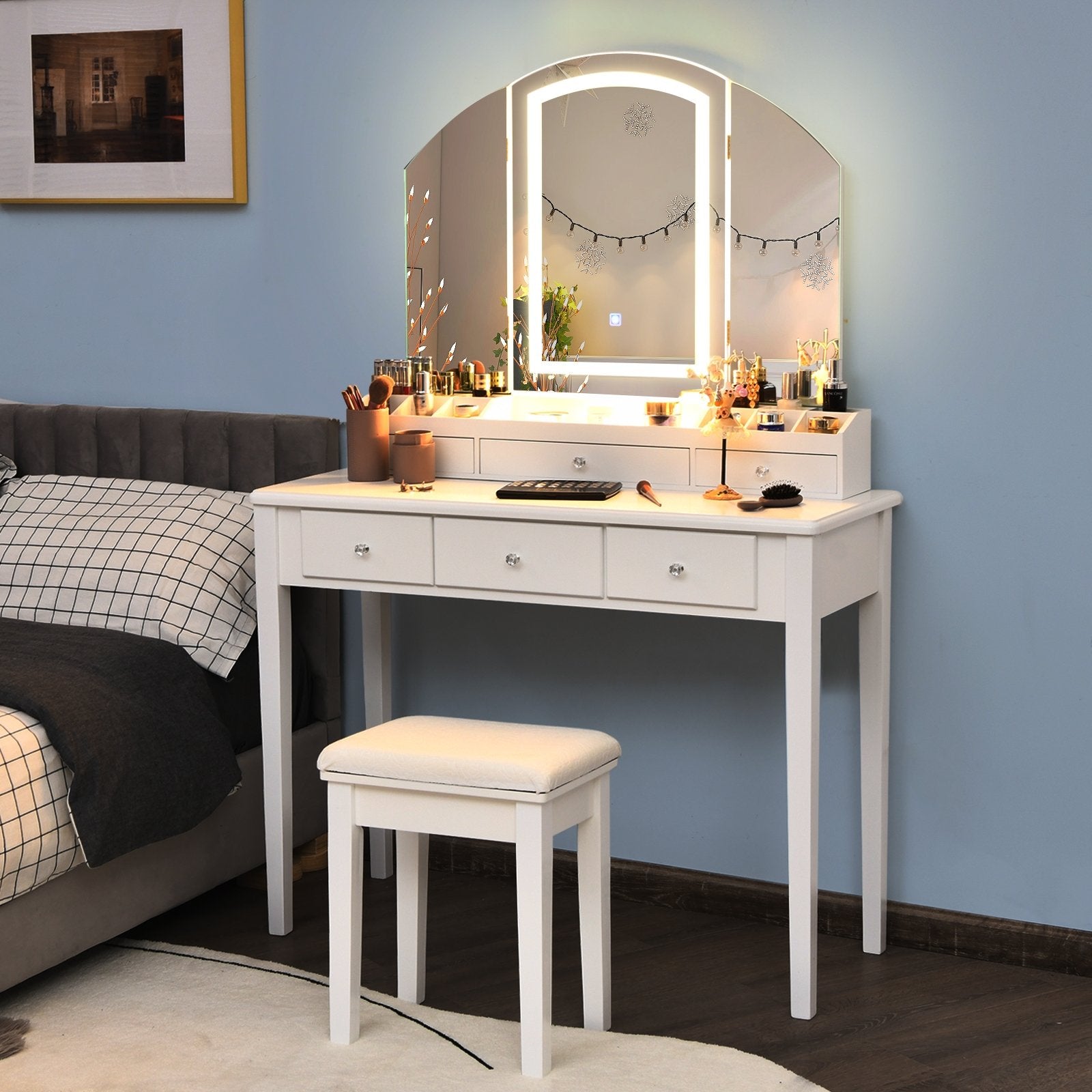 Vanity Table Stool Set with Large Tri-folding Lighted Mirror, White Makeup Vanities   at Gallery Canada