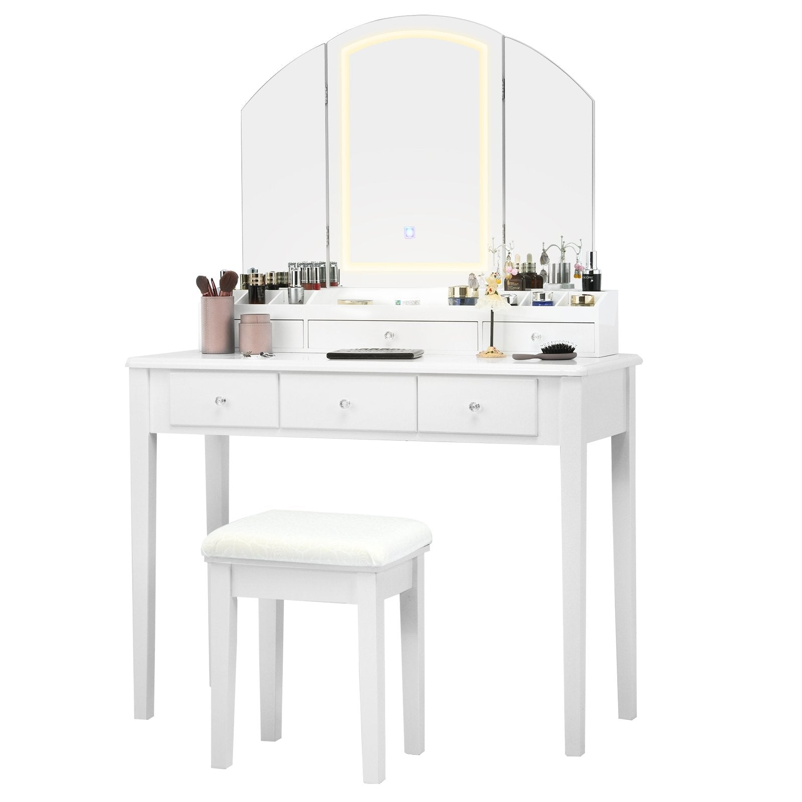 Vanity Table Stool Set with Large Tri-folding Lighted Mirror, White Makeup Vanities   at Gallery Canada