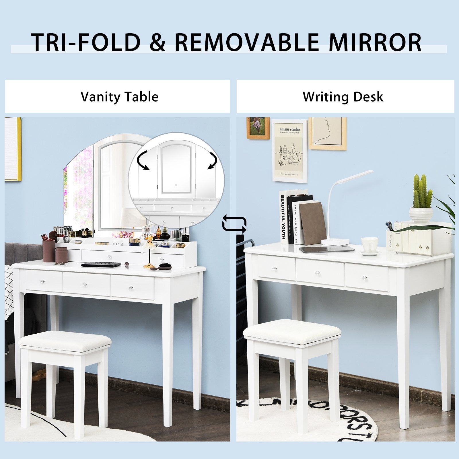 Vanity Table Stool Set with Large Tri-folding Lighted Mirror, White Makeup Vanities   at Gallery Canada