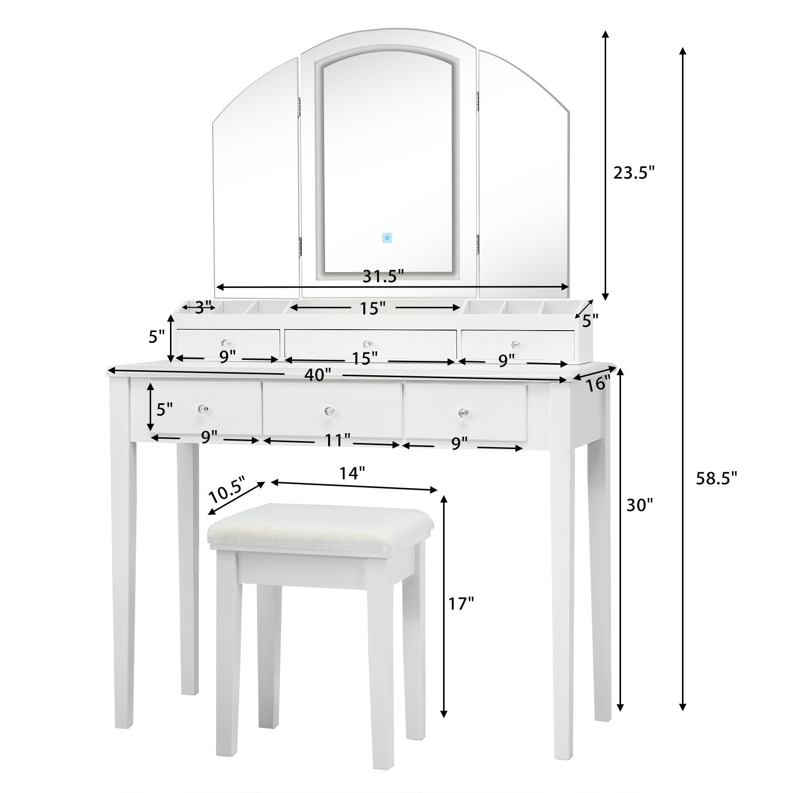 Vanity Table Stool Set with Large Tri-folding Lighted Mirror, White Makeup Vanities   at Gallery Canada